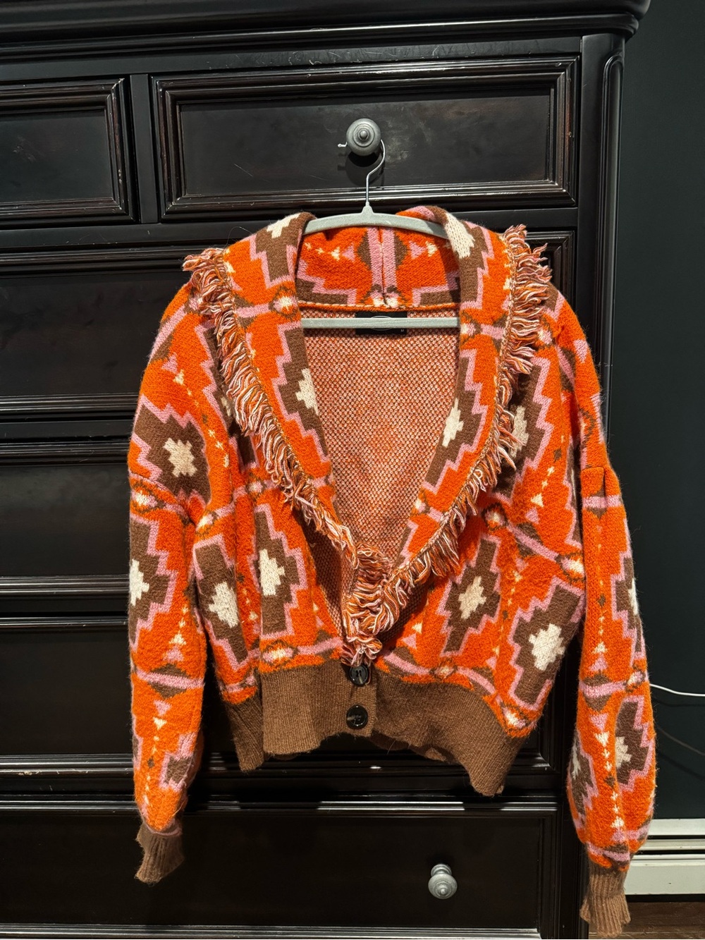 Cider Orange Brown Geometric Fringe Cardigan